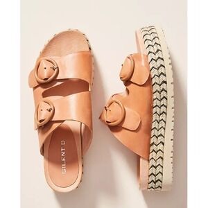 SILENT D Joist Leather Platform Espadrille Buckle Slide Sandals Tan Sz 36